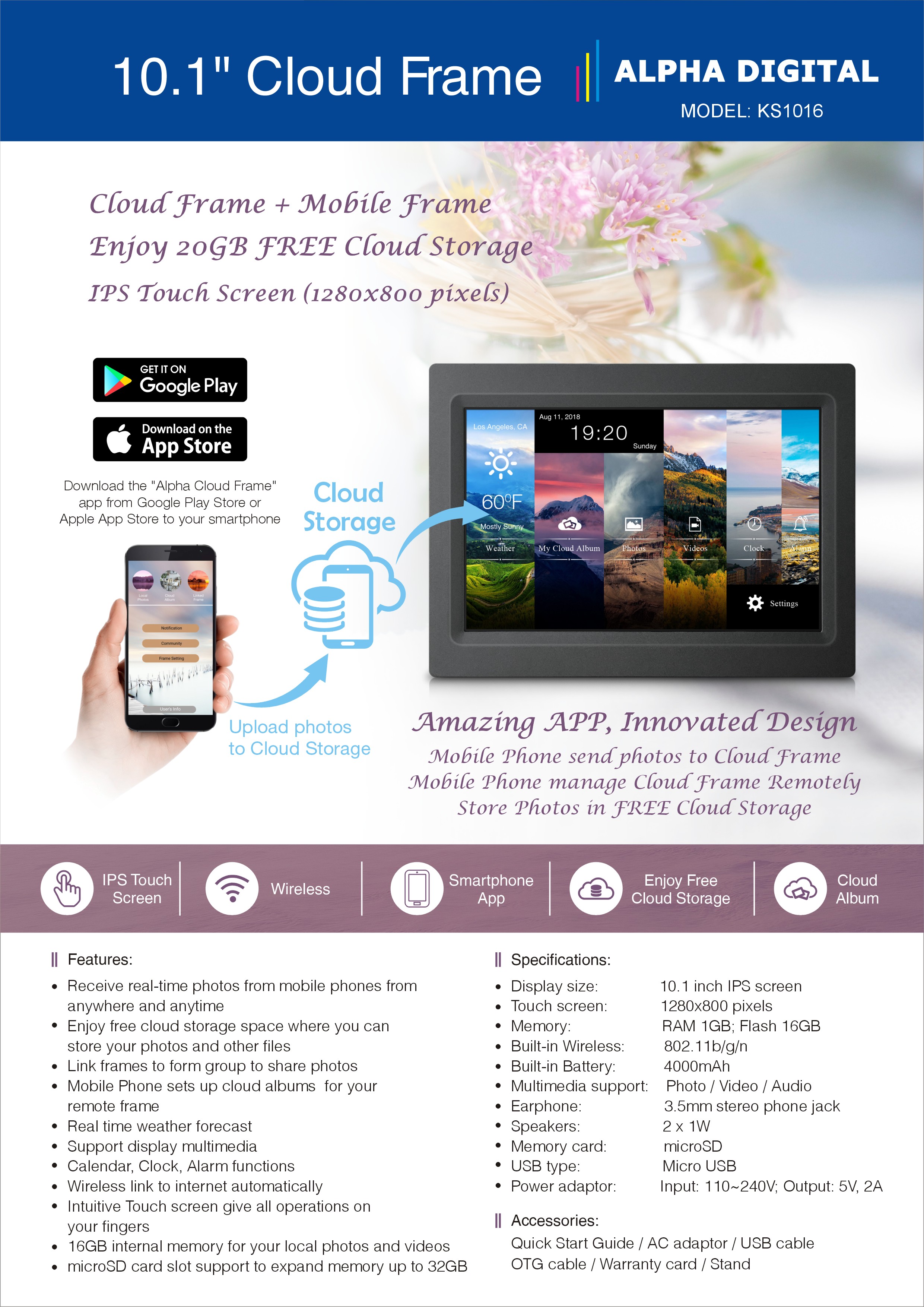 Alpha Digital 10" Cloud Frame IPS Touch Screen App Manage 4000mAh Battery KS1016 